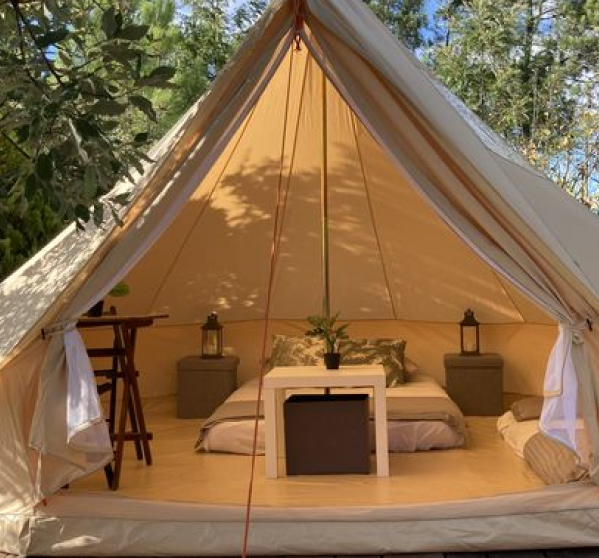 White bell tent setup
